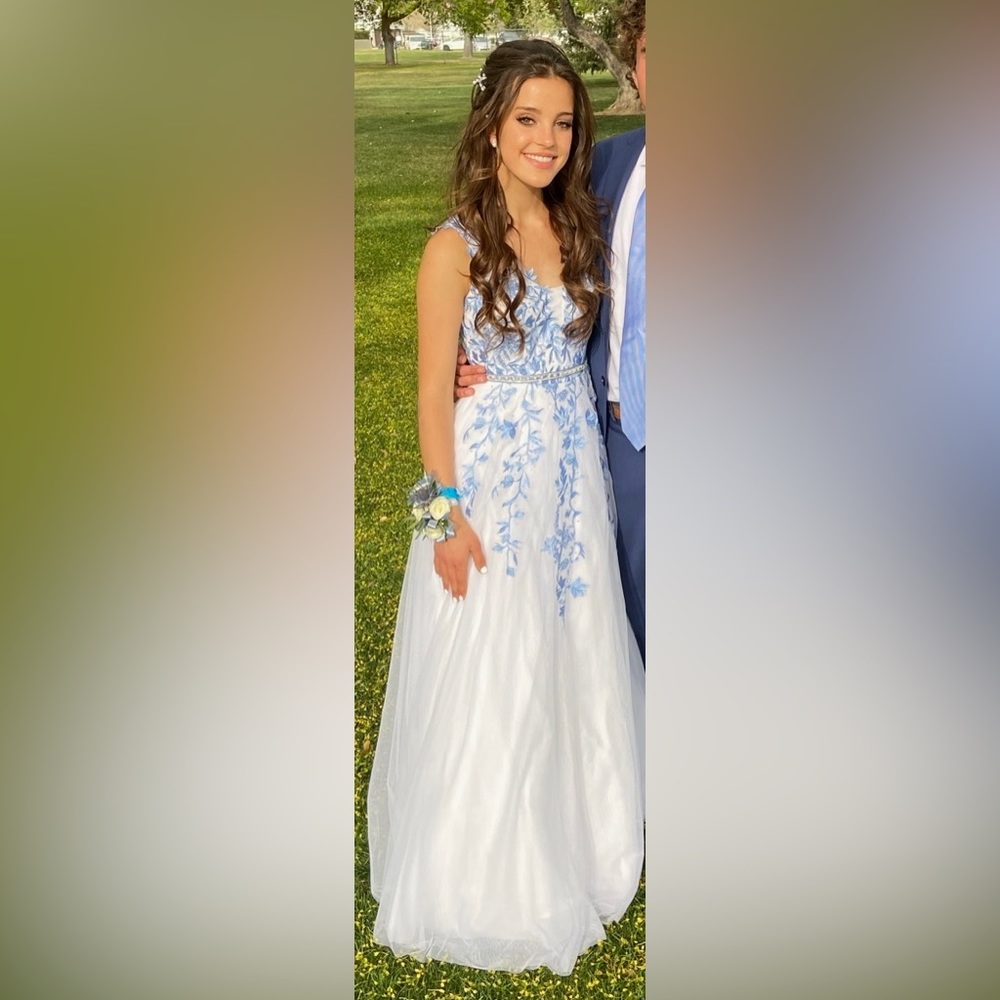 White prom dress with blue lace